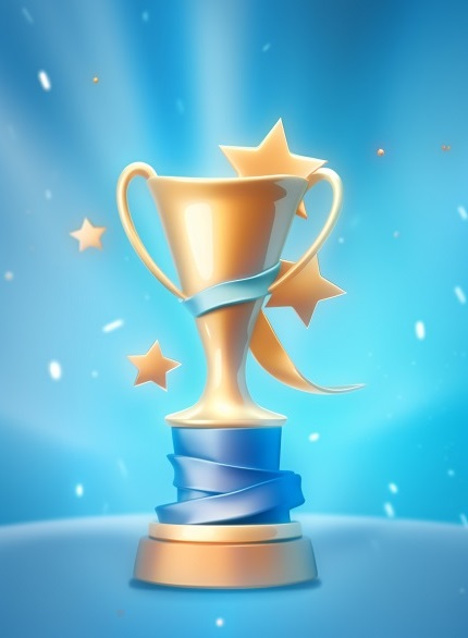 a close up of a golden trophy with stars on a blue background. g
